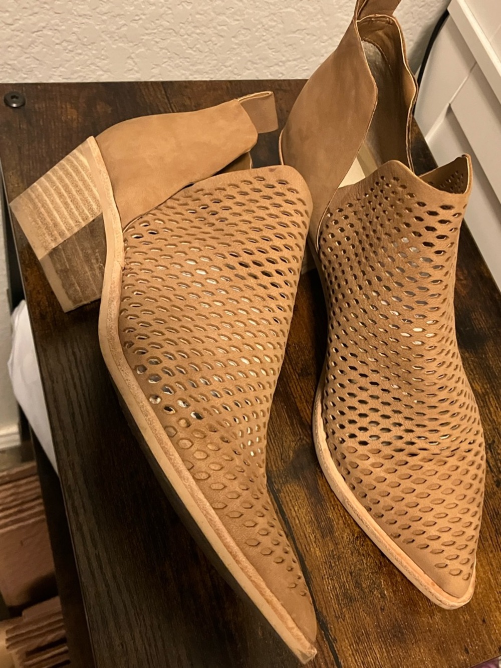 Dolce Vita Tan Perforated Pointed Ankle Booties with Block Heel